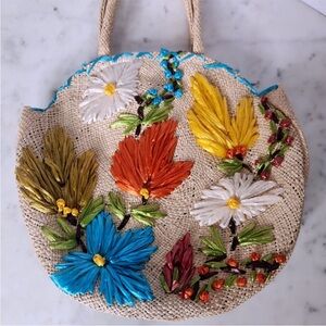 🌼 3D Flower Embroidered Vintage Retro Straw Raffia Floral Pin up Mad Med Purse